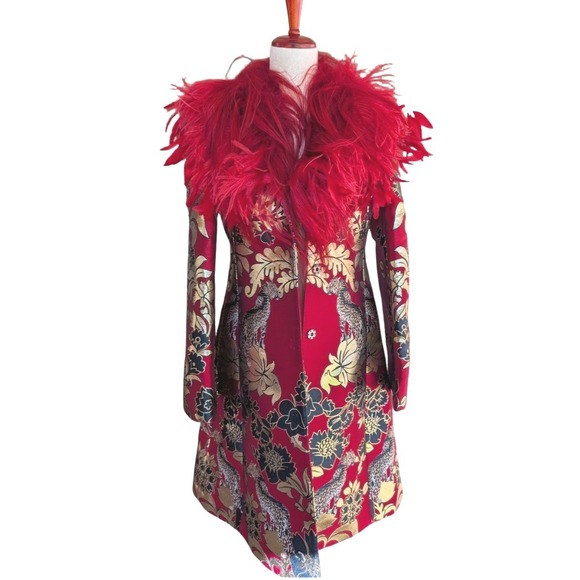 Dolce & Gabbana Jackets & Blazers - NWT Dolce‎ & Gabbana Red Brocade Coat with Feather Collar Made in Italy Size 38